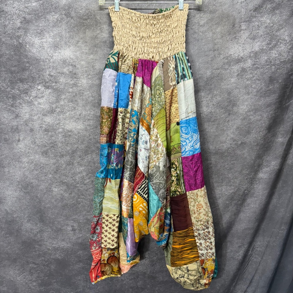 Sol de la India Patchwork Harem Pants Free Size Colorful Smocked Waist Boho